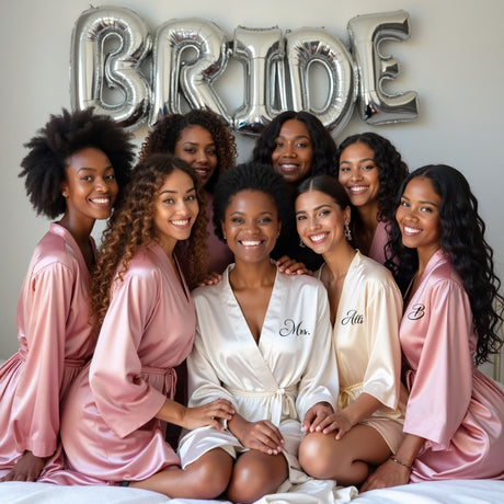 Bridesmaid Robe Set of 8, Personalized Robes, Custom Robes with Front & Back Text, Solid Satin.