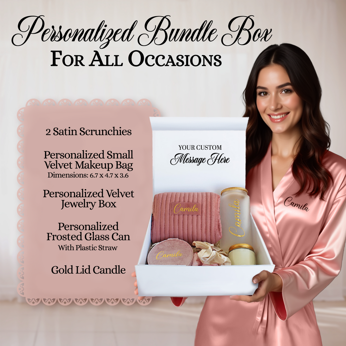 Personalized gift set for women. Gift box set for bridesmaid, mom, bride to be and more.