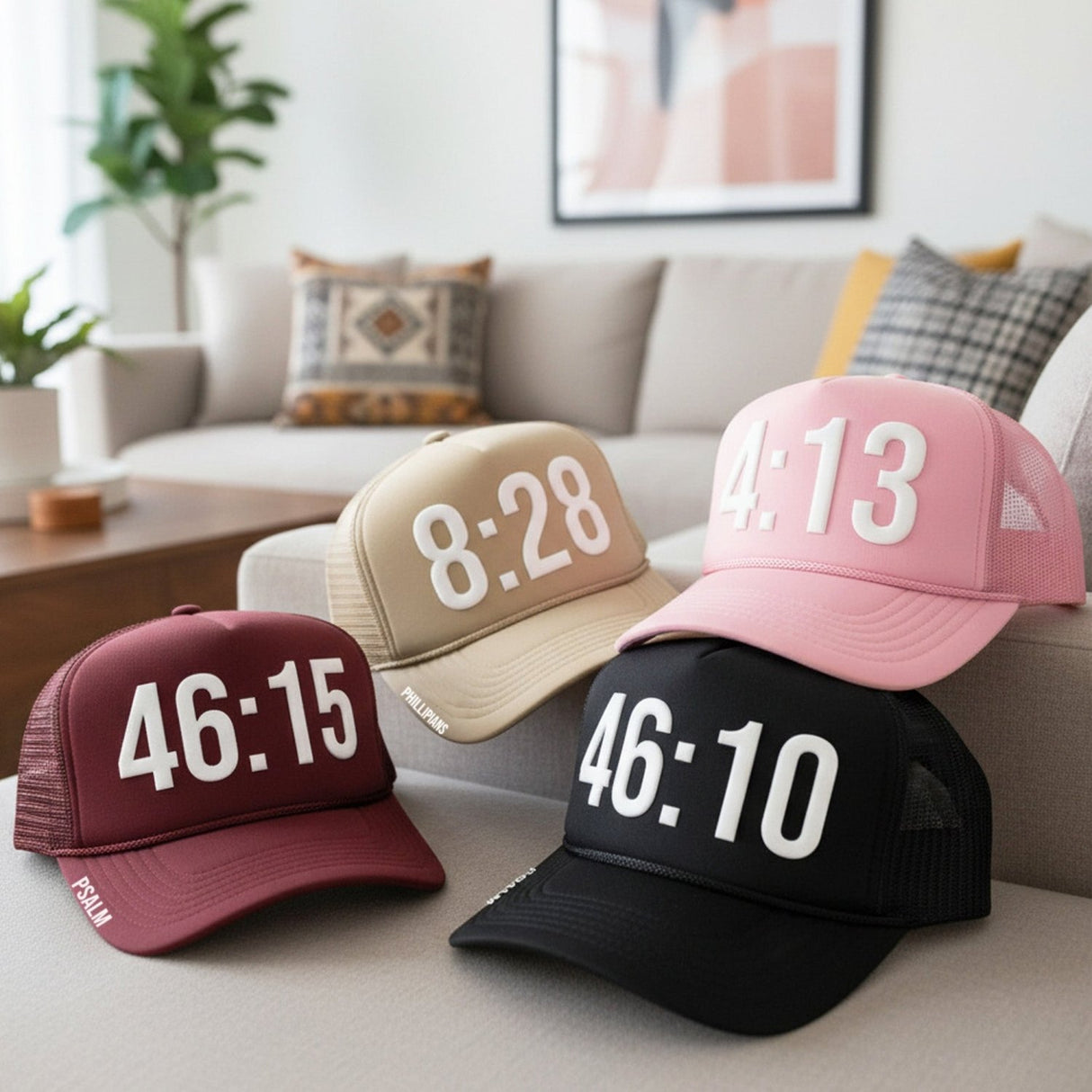 Bible Verse Trucker Hat with Puff Vinyl for Teens, Women and Men - Gifts Are Blue