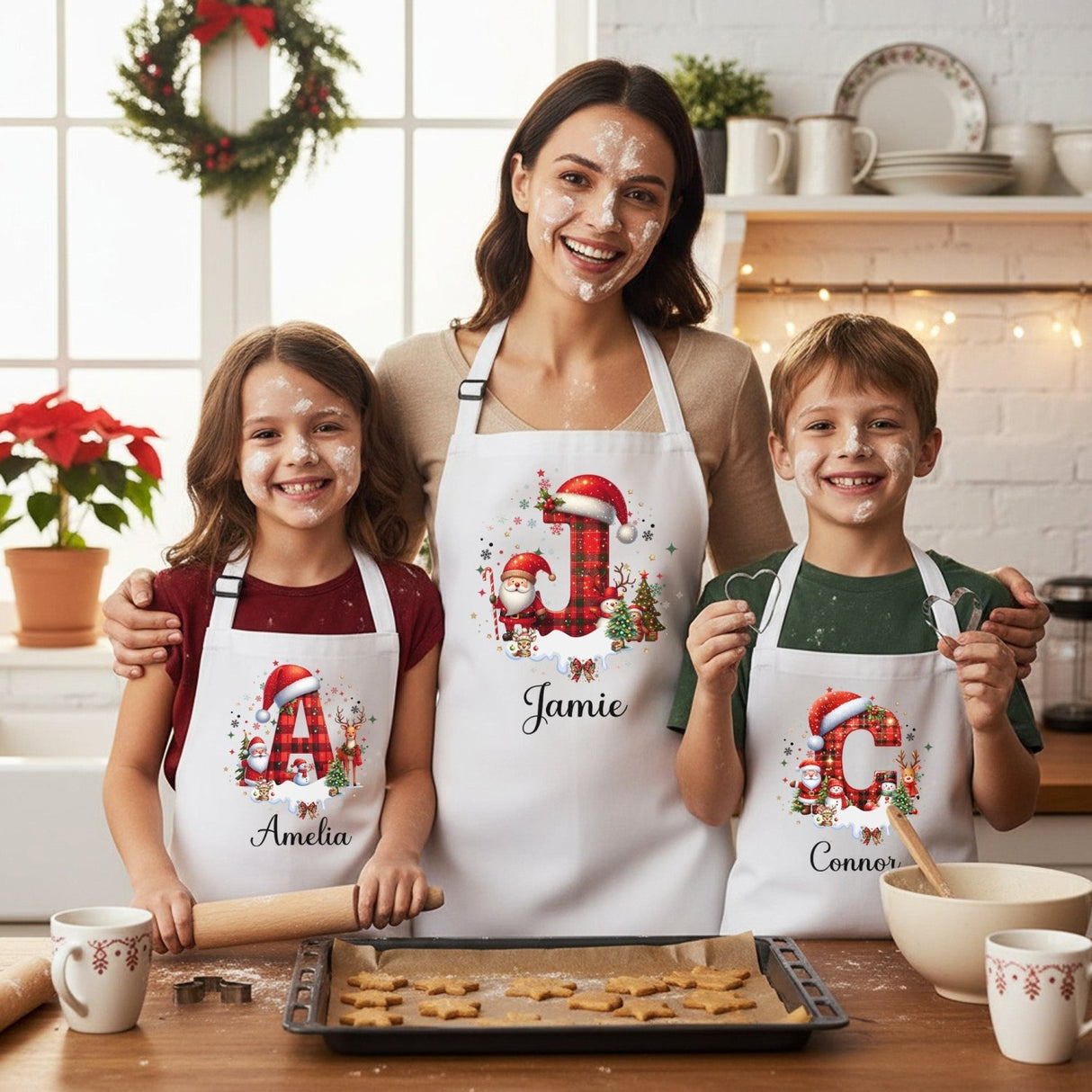 Red and Black Plaid Initial Personalized Matching Christmas Aprons for Adults and Kids - Gifts Are Blue