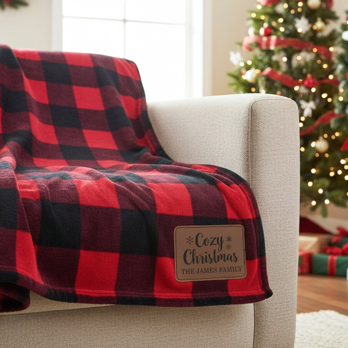 Cozy Christmas Red and Black Plaid Personalized Throw Blanket with Leather Patch - Gifts Are Blue
