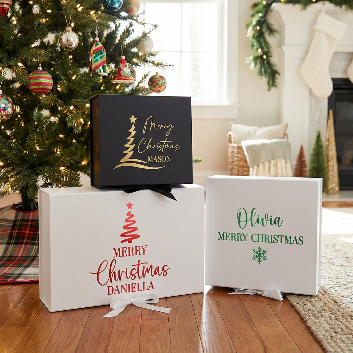 Multi Design Personalized Empty Christmas Gift Boxes w Magnetic Lid, Bow and Crinkle Paper