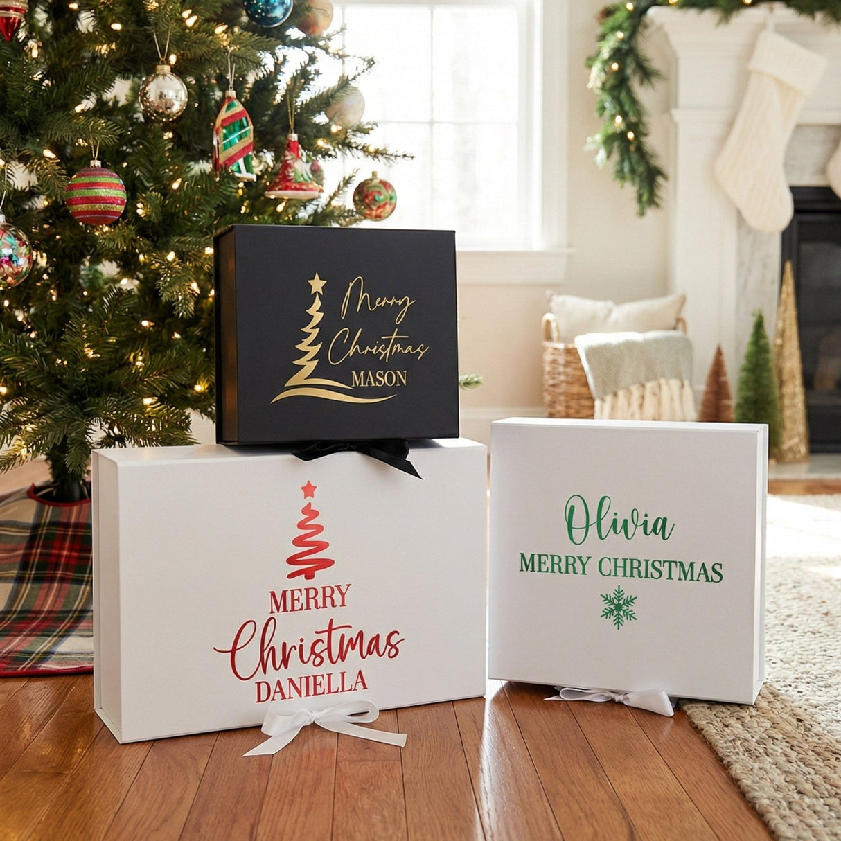 Multi Design Personalized Empty Christmas Gift Boxes w Magnetic Lid, Bow and Crinkle Paper - Gifts Are Blue