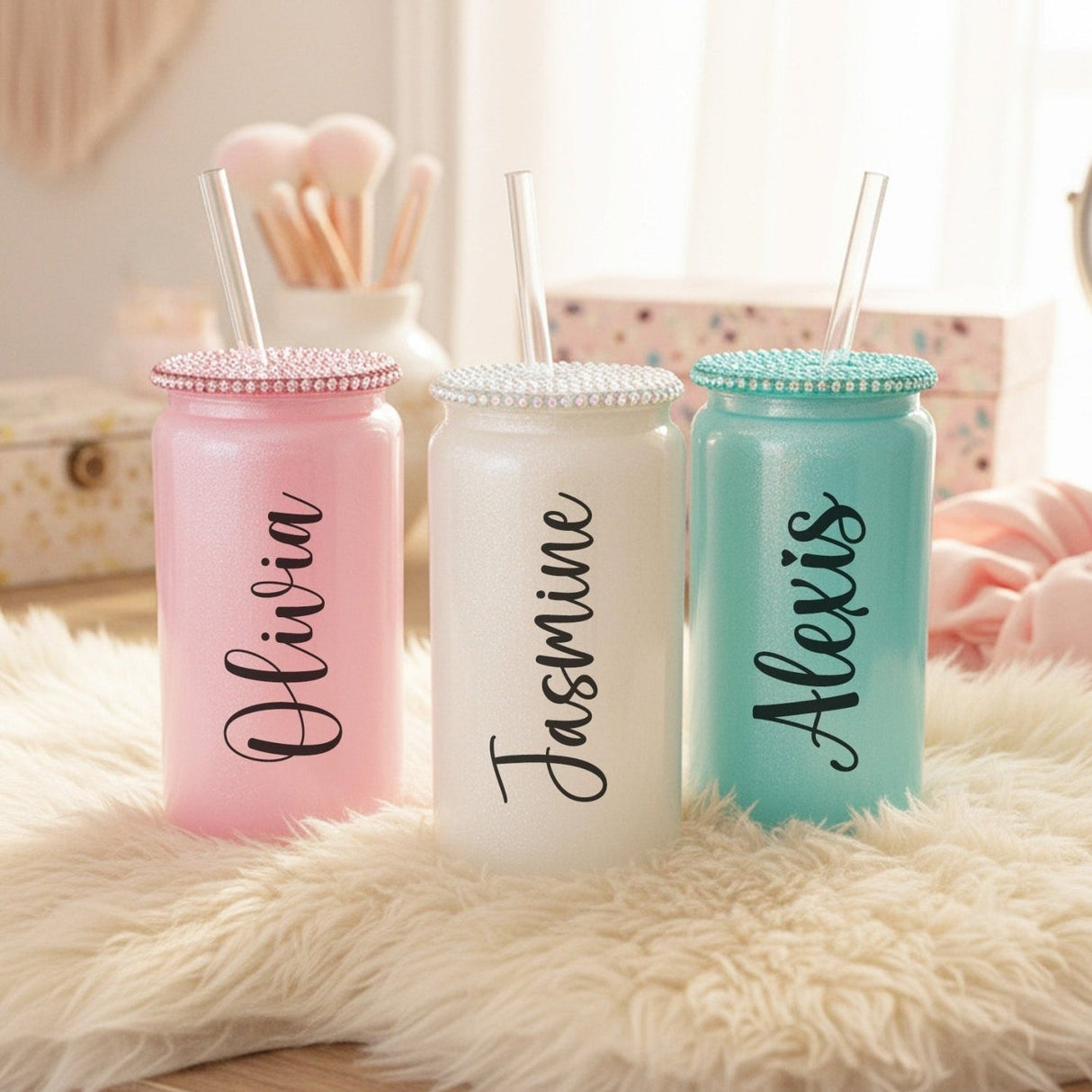 Rhinestone Glass Shimmer Cup with Straw, Custom Name, 16oz - Gifts Are Blue