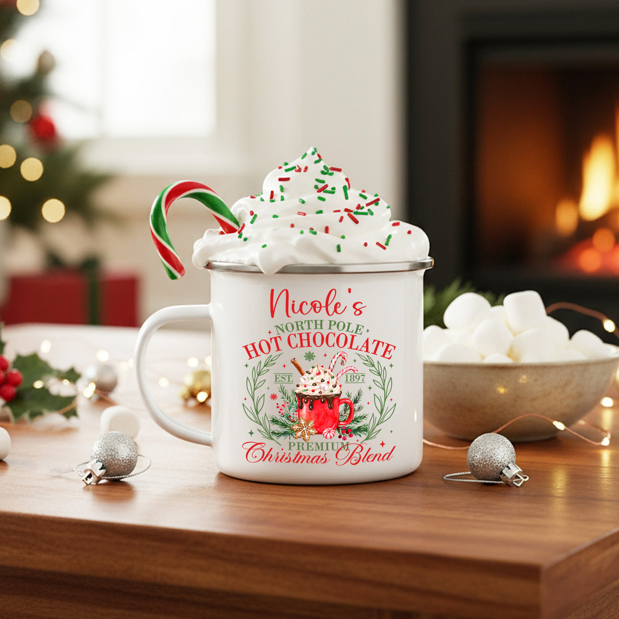 Campfire personalized Christmas mugs with names for family, groups, and friends.