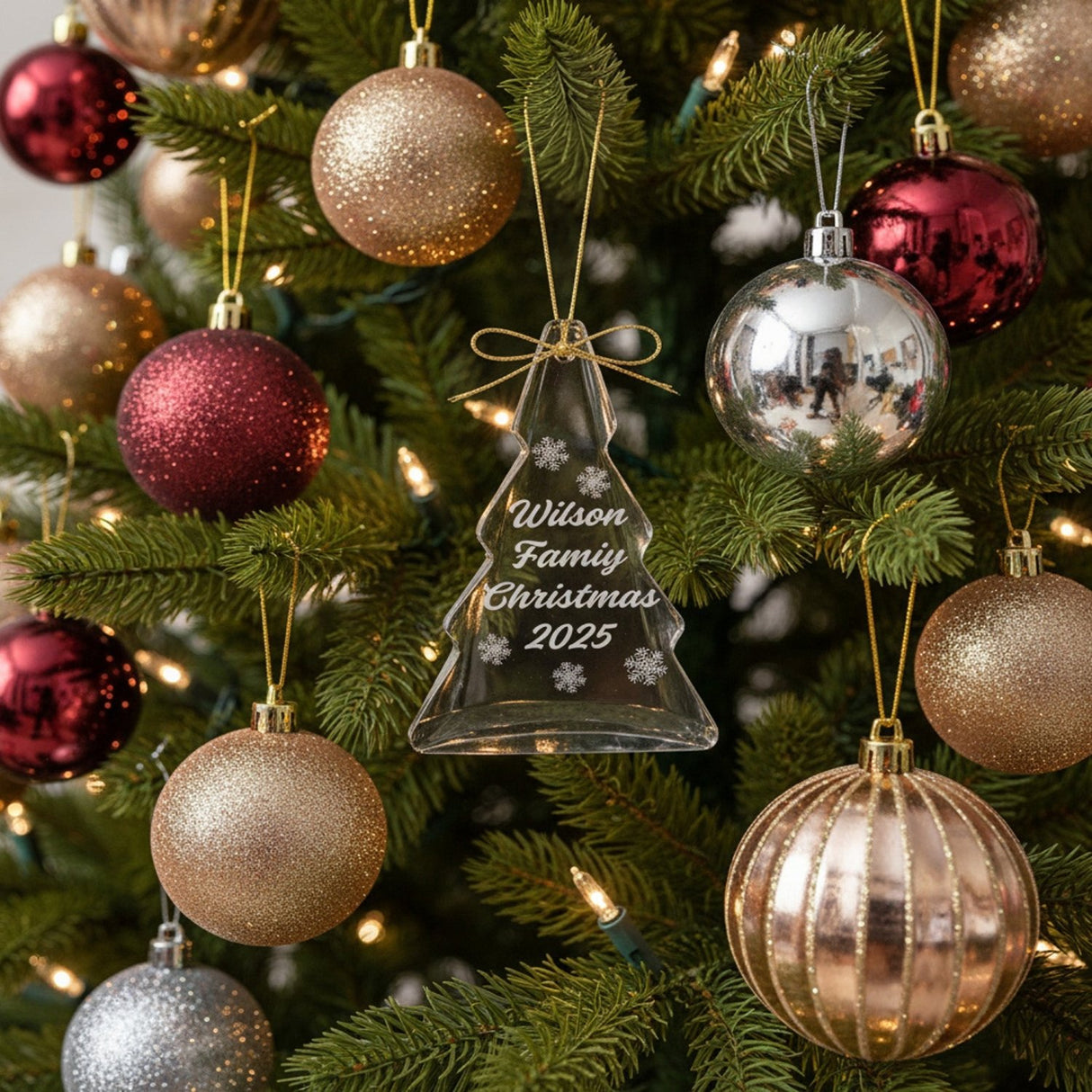 Snowflakes Personalized Christmas Ornaments with Custom Text, Crystal Tree Shape w Gift Box - Gifts Are Blue