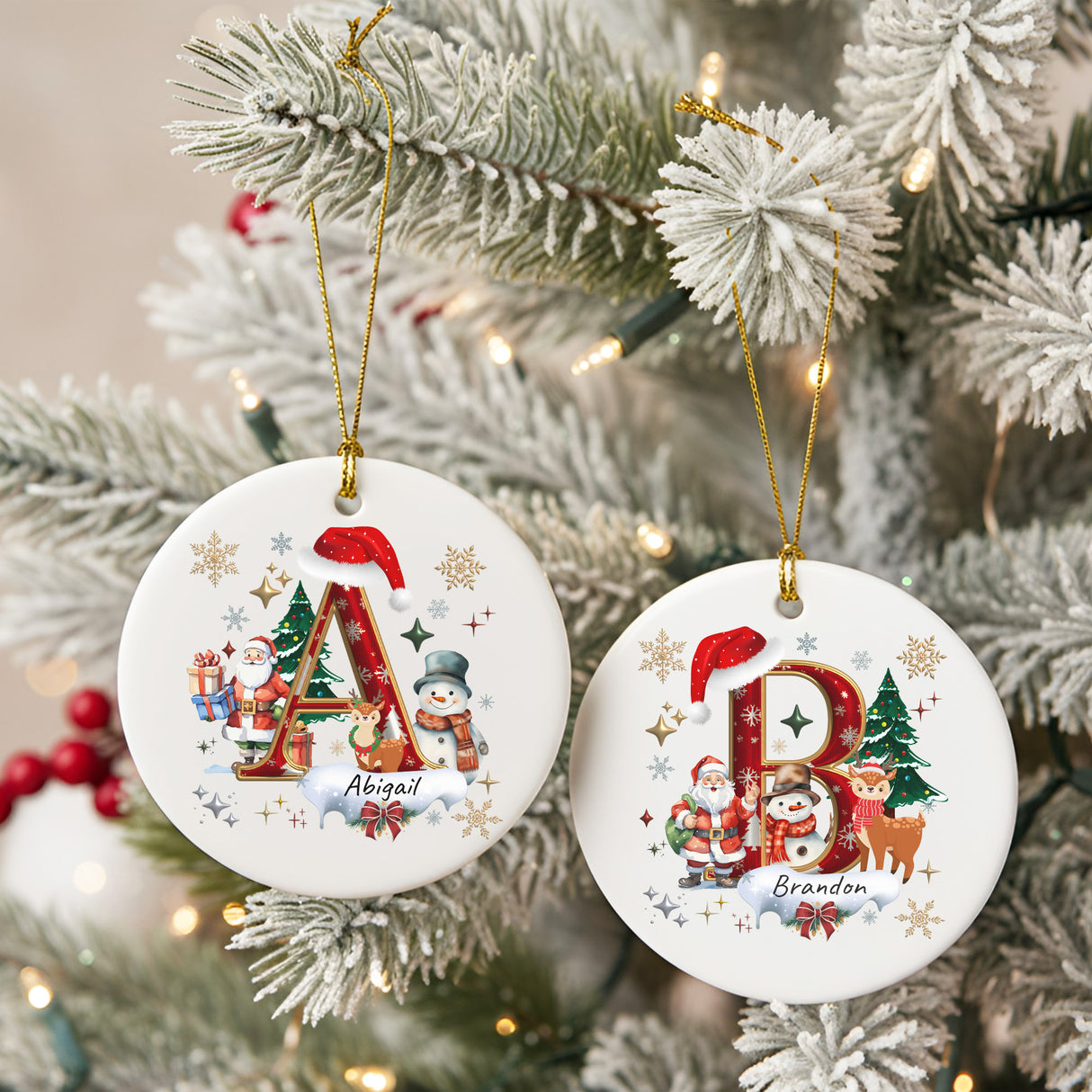 Red and Gold Initial Personalized Christmas Ornaments with Names, Set of 2, 4, 6, 8 and 10
