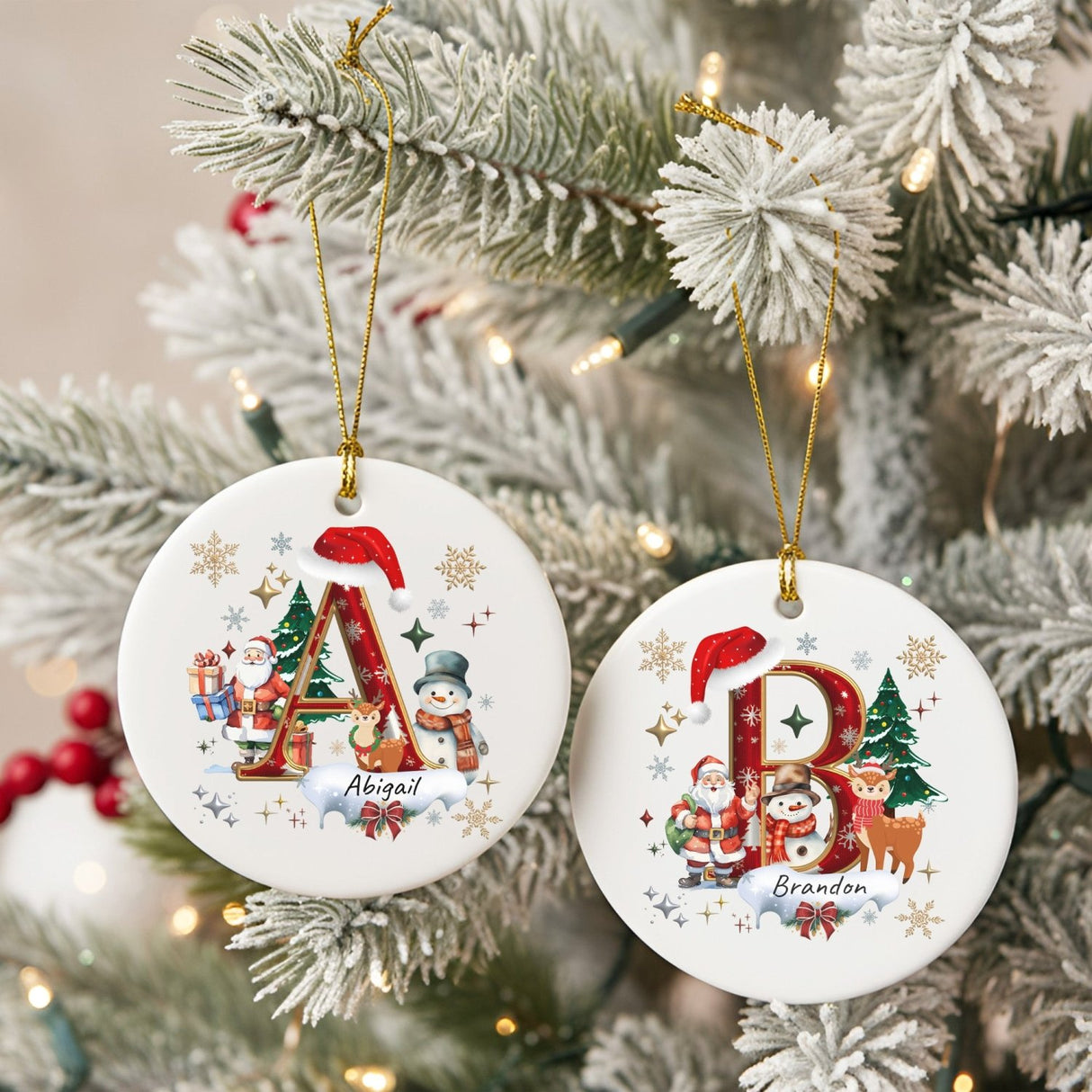 Red and Gold Initial Personalized Christmas Ornaments with Names, Set of 2, 4, 6, 8 and 10 - Gifts Are Blue