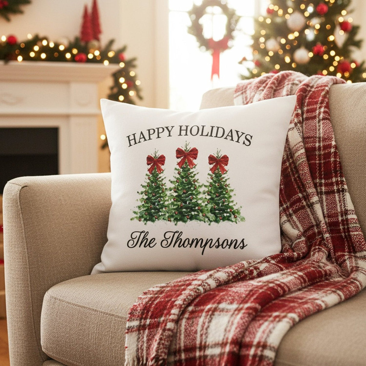 Red Bow & Trees Family Name Christmas Throw Pillow Cover and Add on Insert - Gifts Are Blue