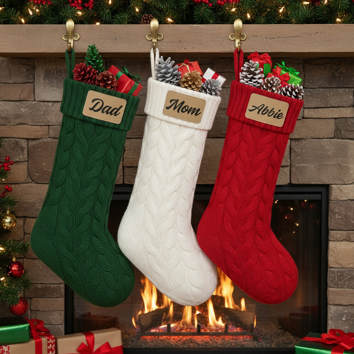 Family matching Christmas stockings personalized with names.