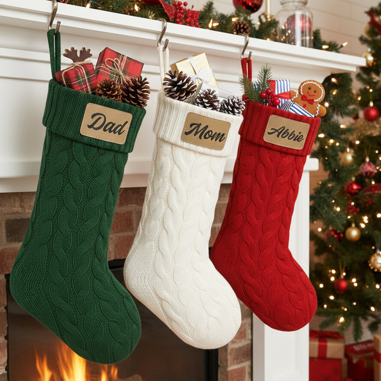 Cute cable knit personalized Christmas stockings for family with name and leather patch. in colors dark green, white and red. Great for friend's holiday parties.