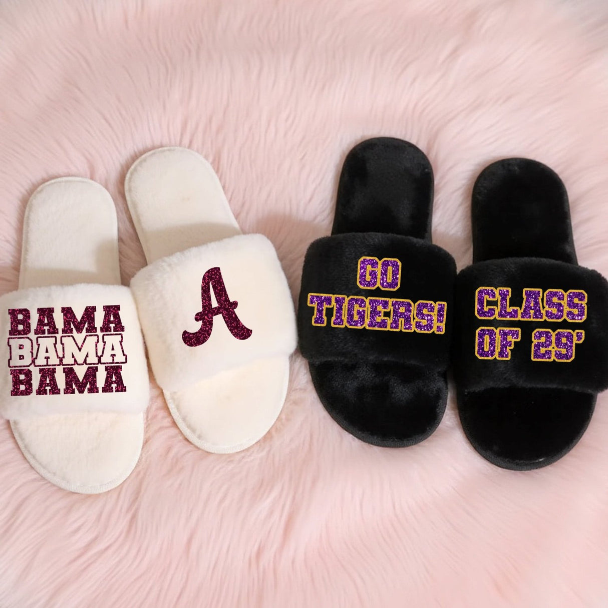 College slippers for women featuring personalized university, and name.