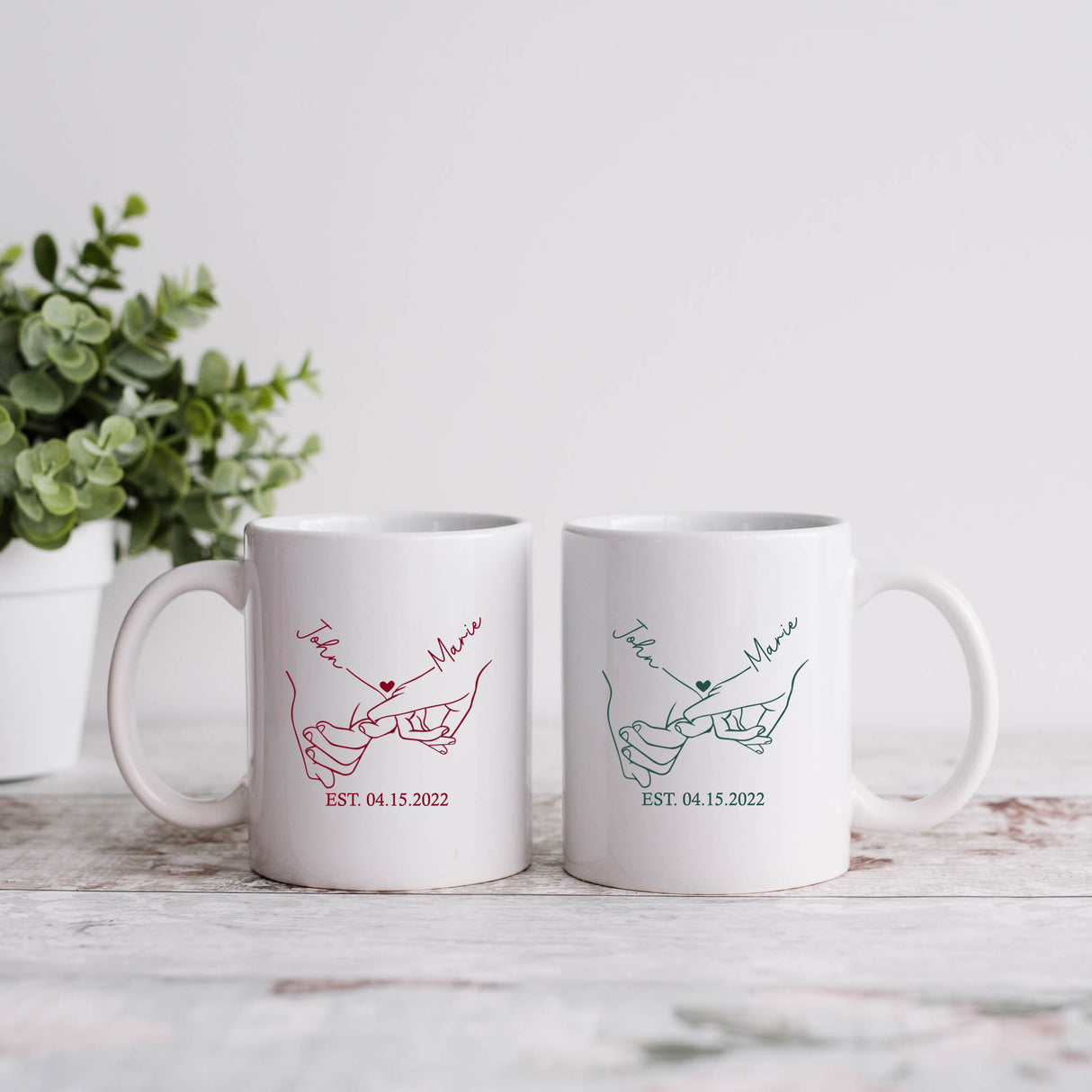Custom pinky promise mug set for couples, great for romantic gifts, wedding showers, or boyfriend and girlfriend gifts.