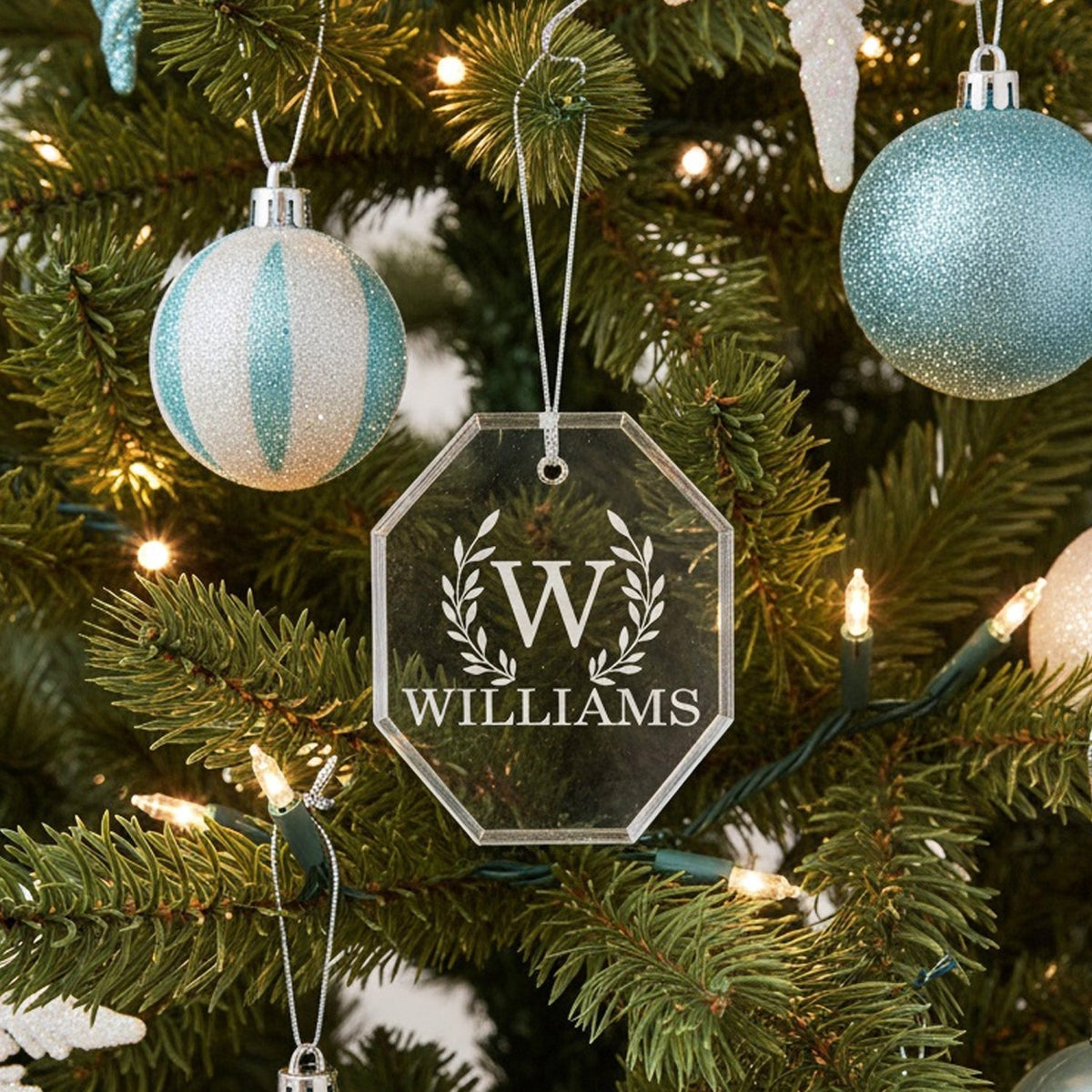 Wreath Initial Last Name Personalized Crystal Ornament for Christmas with Gift Box, Variety of Shapes - Gifts Are Blue