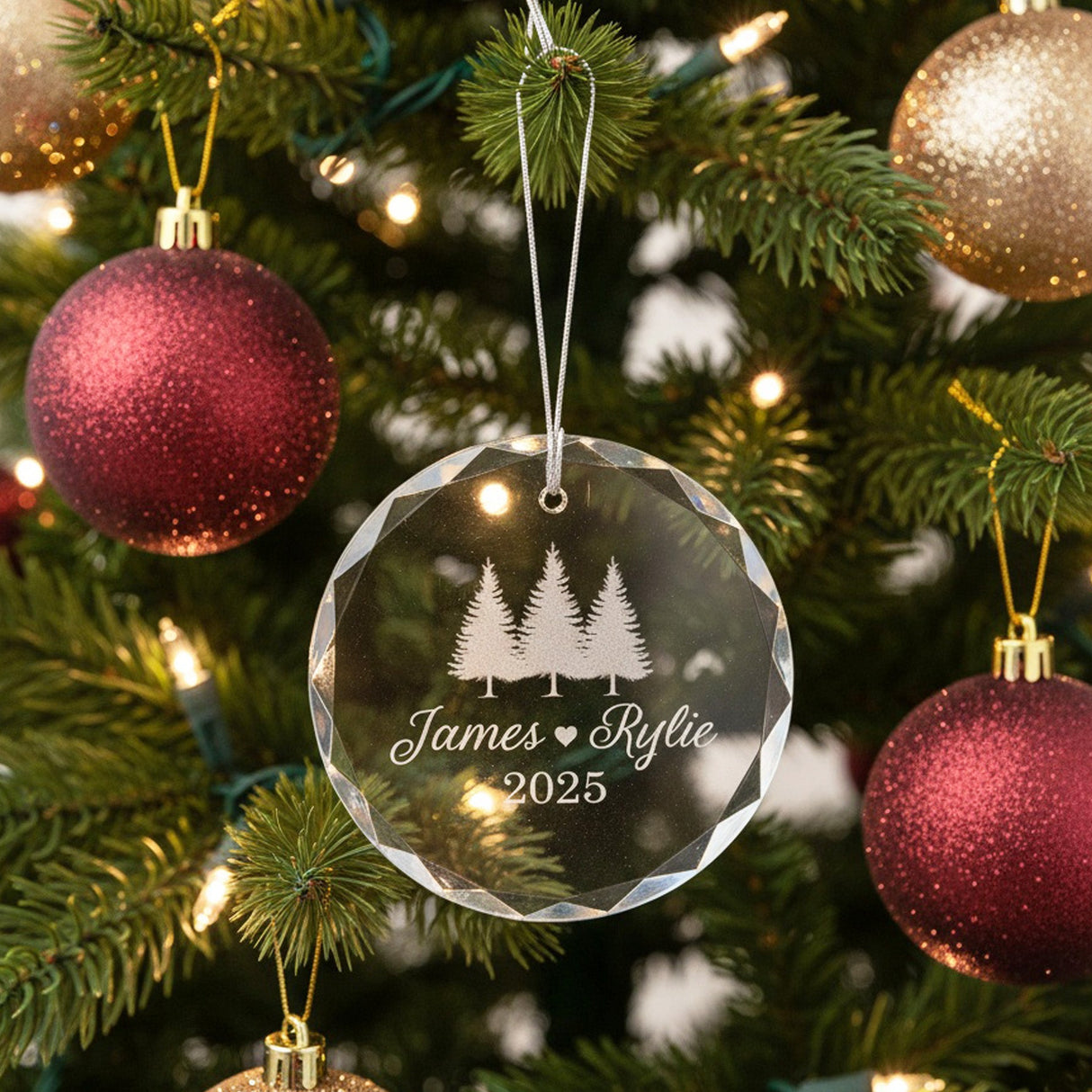 Couple Names w Trees Personalized Crystal Ornament for Christmas with Gift Box, Variety of Shapes