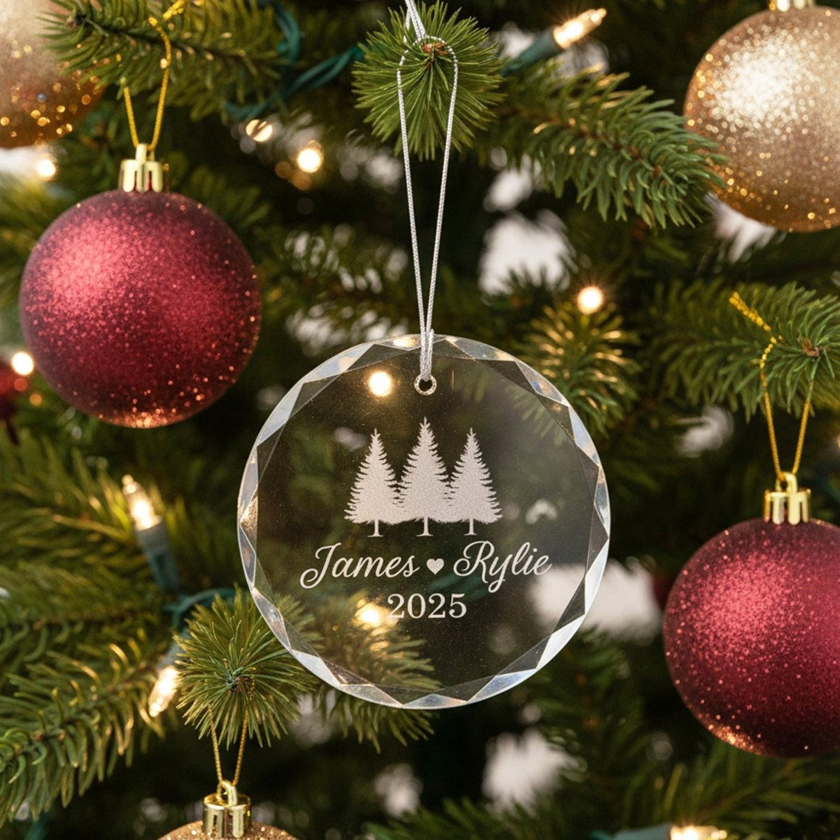 Couple Names w Trees Personalized Crystal Ornament for Christmas with Gift Box, Variety of Shapes - Gifts Are Blue
