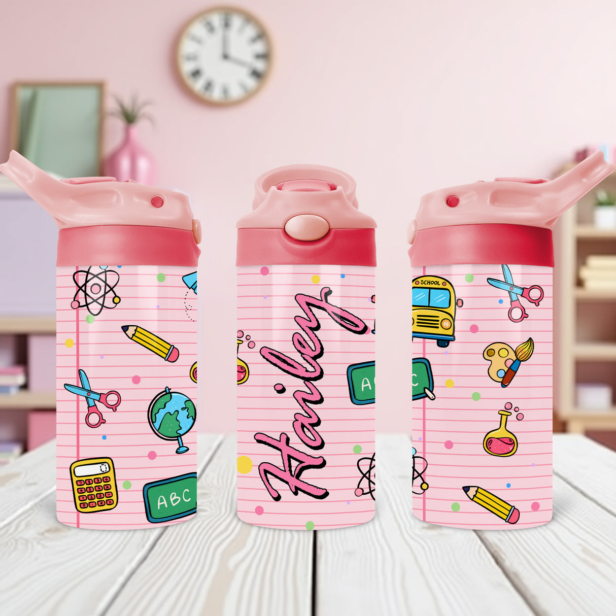Personalized kids water bottle with name perfect for back to school gifts and custom school supplies for boys and girls.