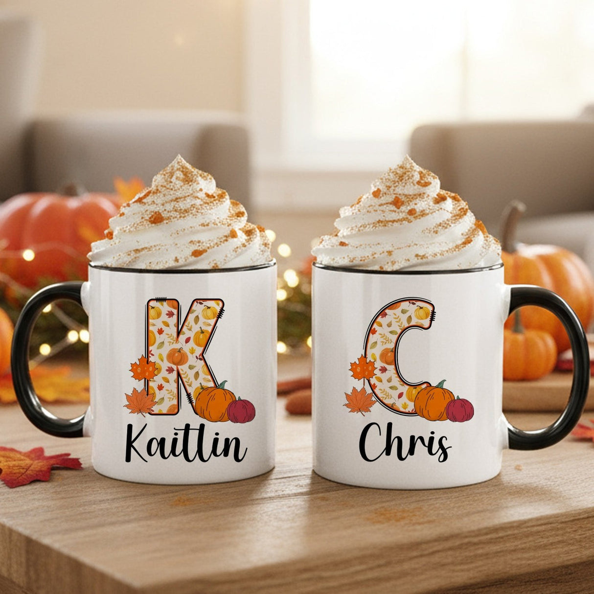 Thanksgiving Doodle Initial Personalized Fall Mugs for Kids and Adults, Autumn Coffee Mug - Gifts Are Blue