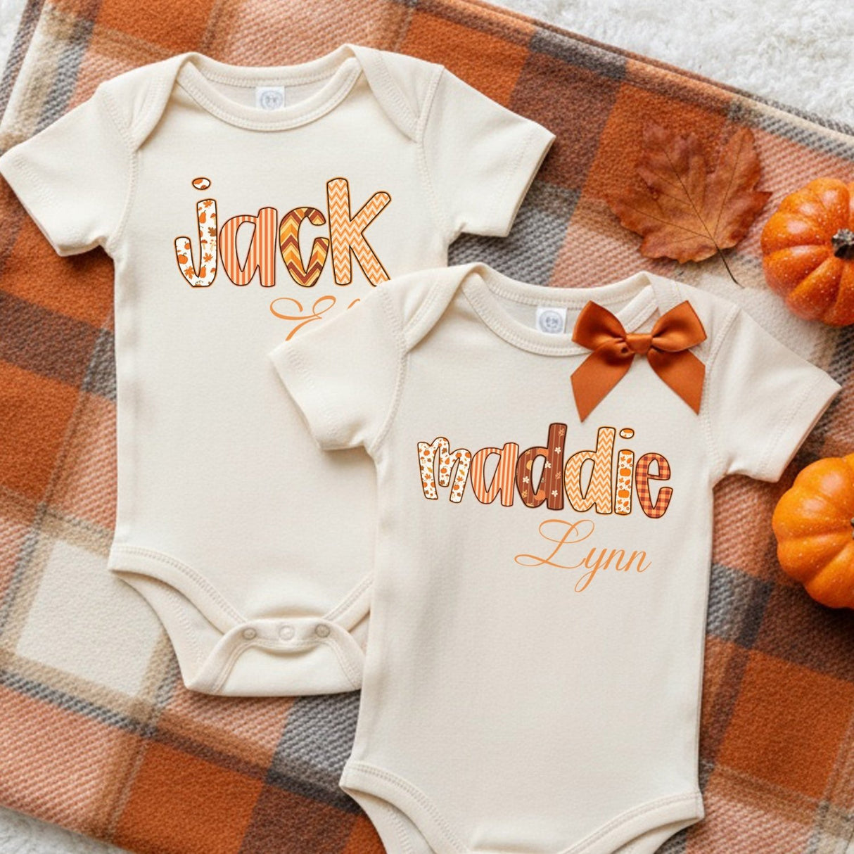 Preppy Retro Alphabet Fall and Thanksgiving Sweaters and Onesies Personalized with Name - Gifts Are Blue