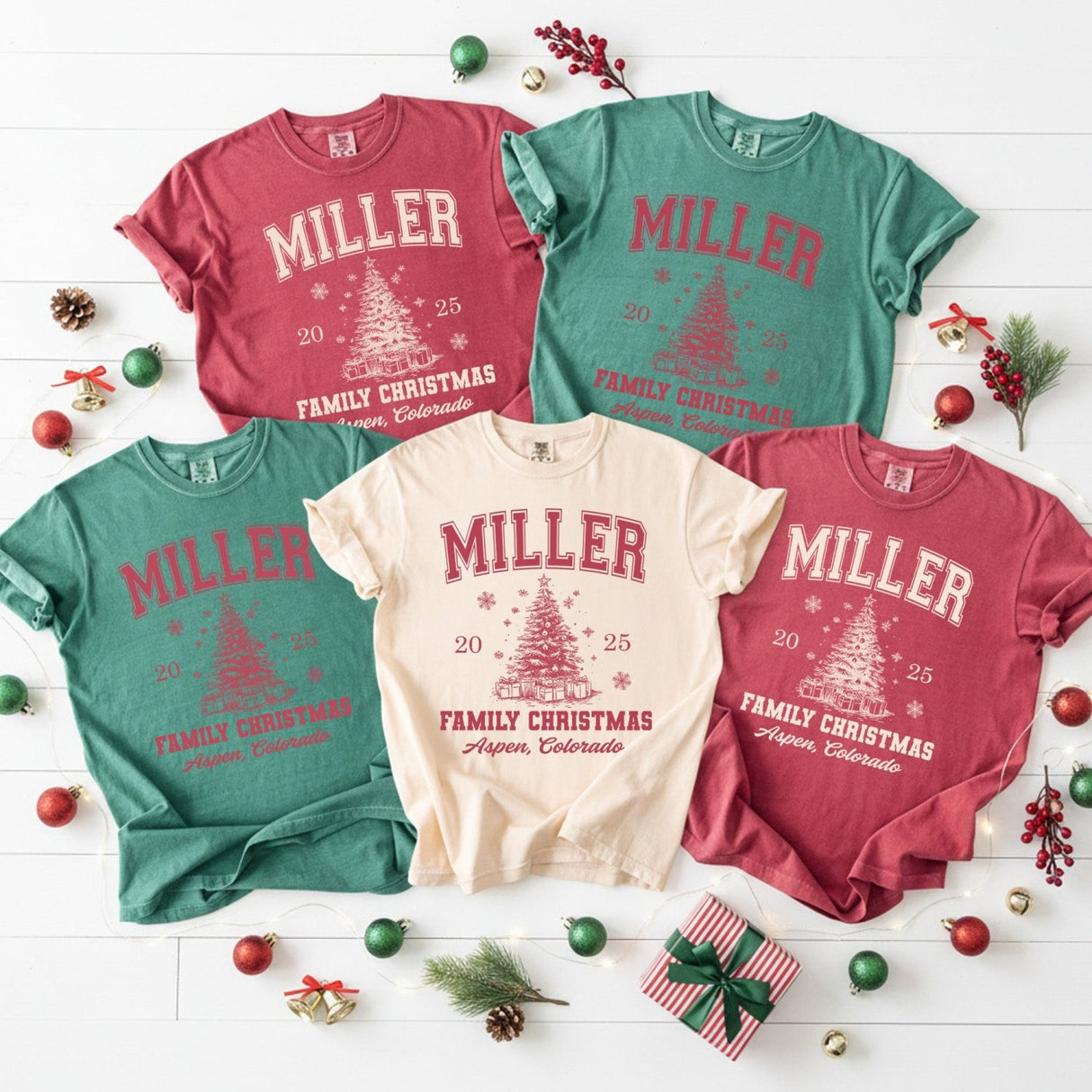 Comfort Colors Varsity Personalized Family Christmas Shirts with Location and Year - Gifts Are Blue