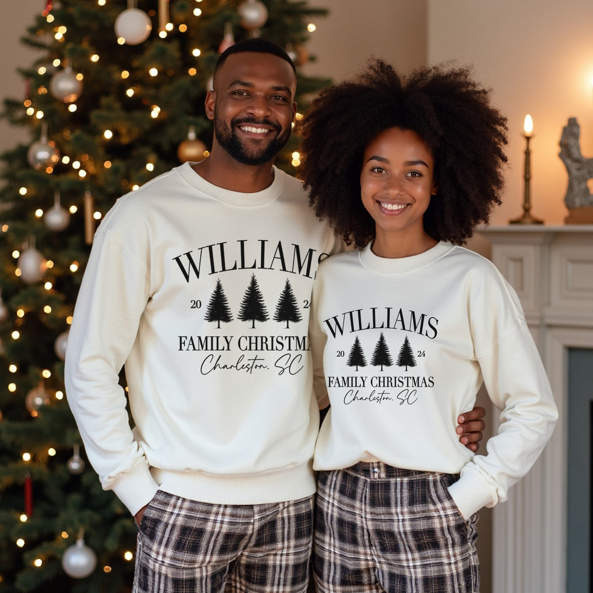 Custom family matching Christmas sweaters. Personalized Christmas sweatshirts with last name and location. Sizes available from newborn to 5XL.