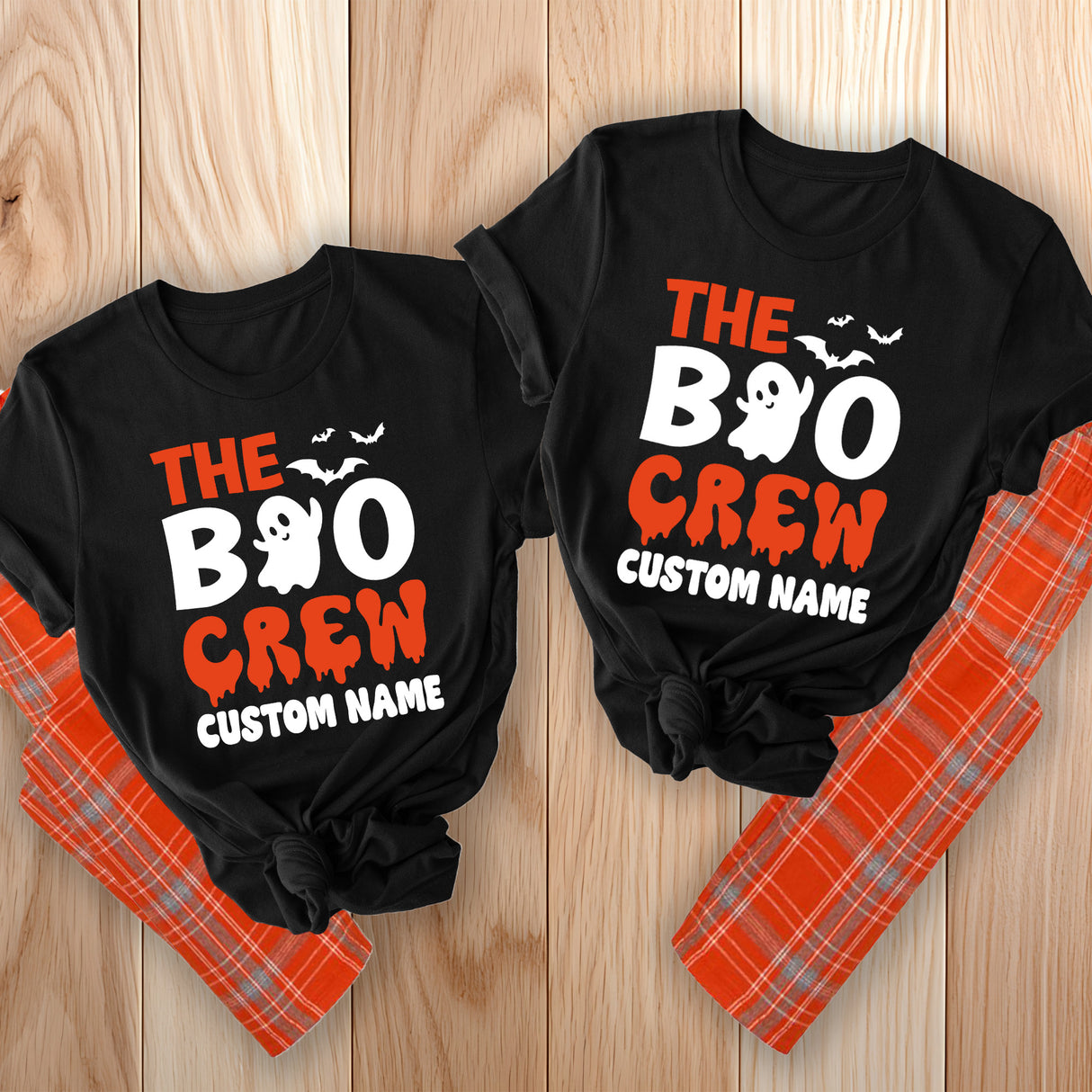 The Boo Crew shirt personalized with name, and matching Halloween pajamas set.