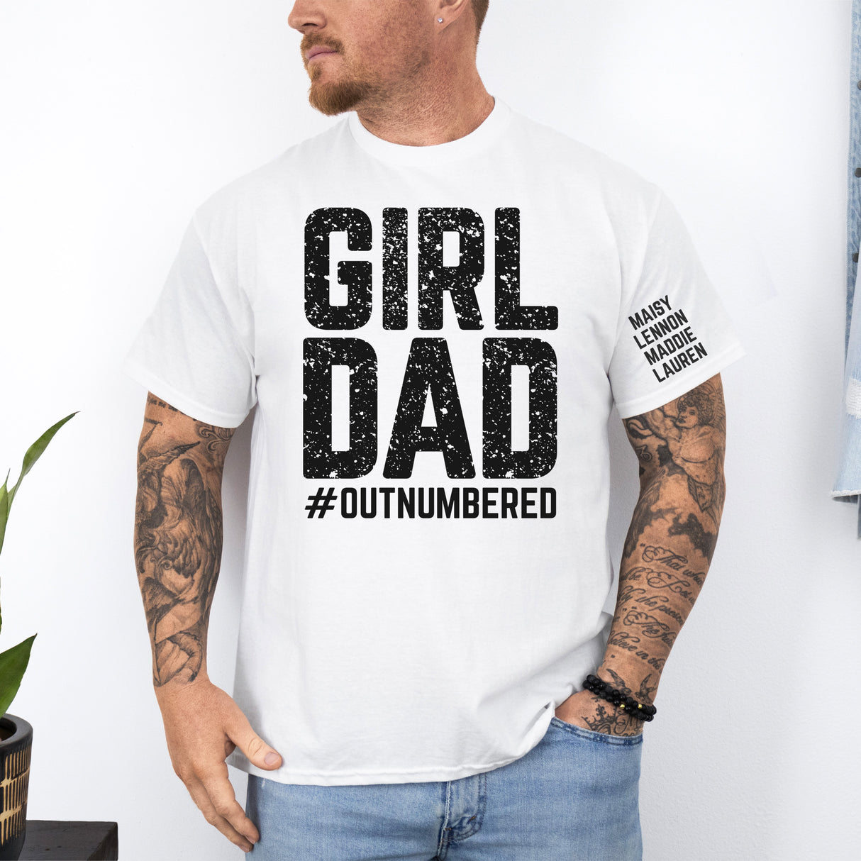 White customizable father of girls shirt for dads who are outnumbered, ideal personalized gift for birthdays, holidays, or Father’s Day.