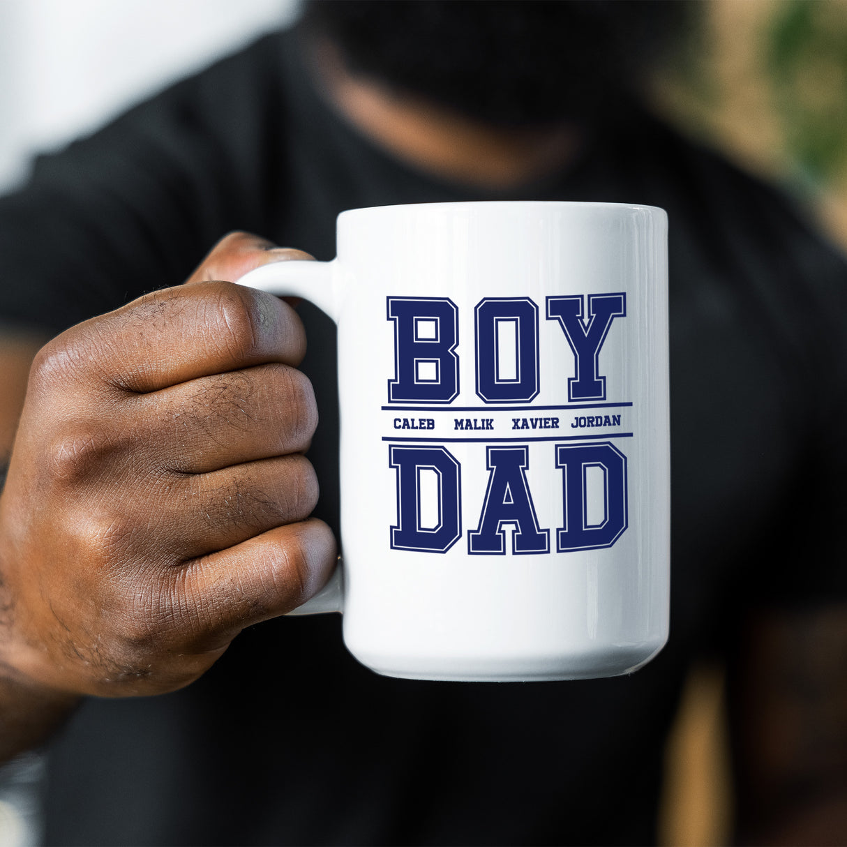 Custom boy dad coffee mug with child’s name, a personalized gift for dad from son. Father’s Day 2025 gift idea.