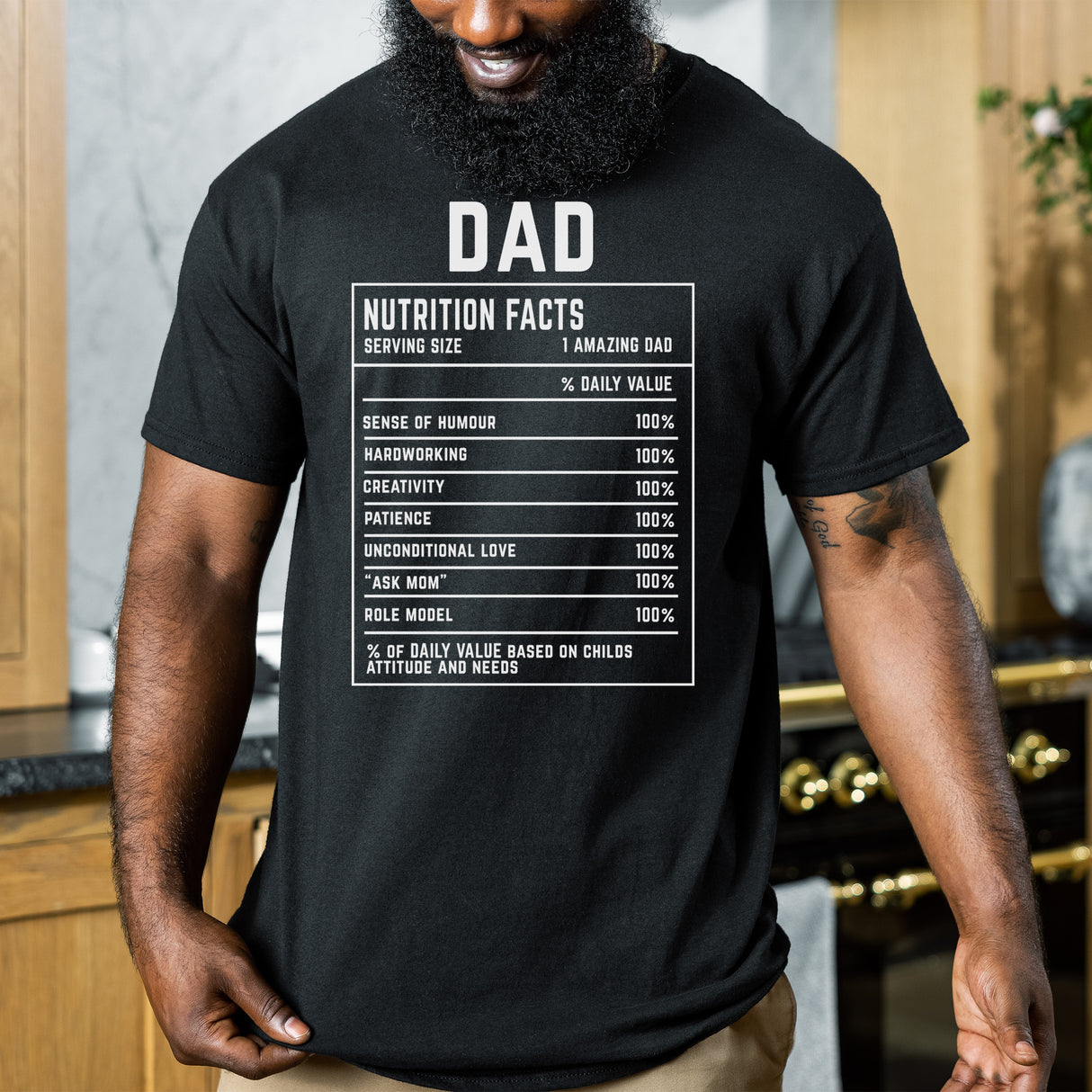 Black Dad nutrition facts t-shirt with personalized nutrition label print. Perfect gift for husbands, stepdads, and new fathers.