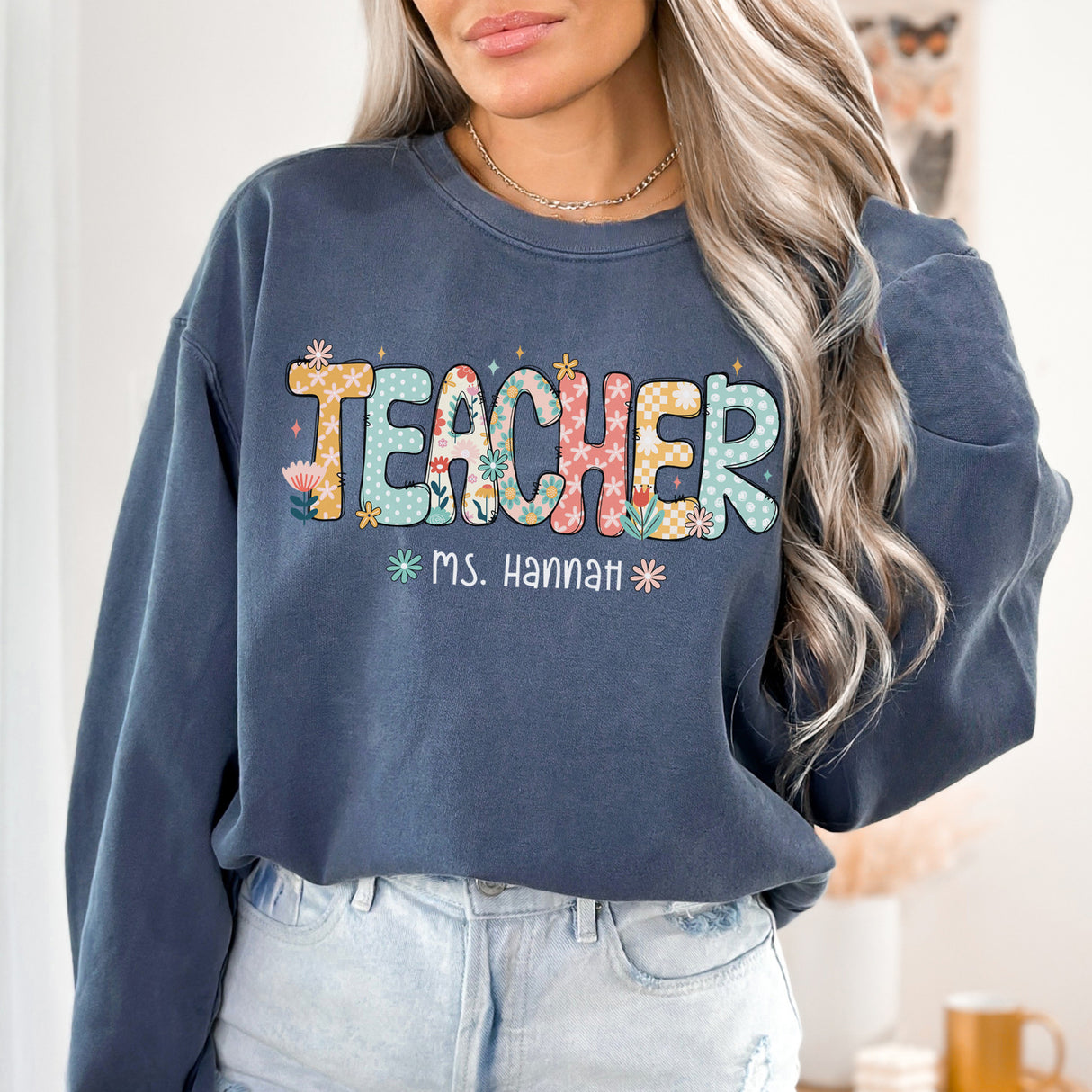 Personalized teacher crewneck with name, Comfort Colors custom teacher sweatshirt for her.