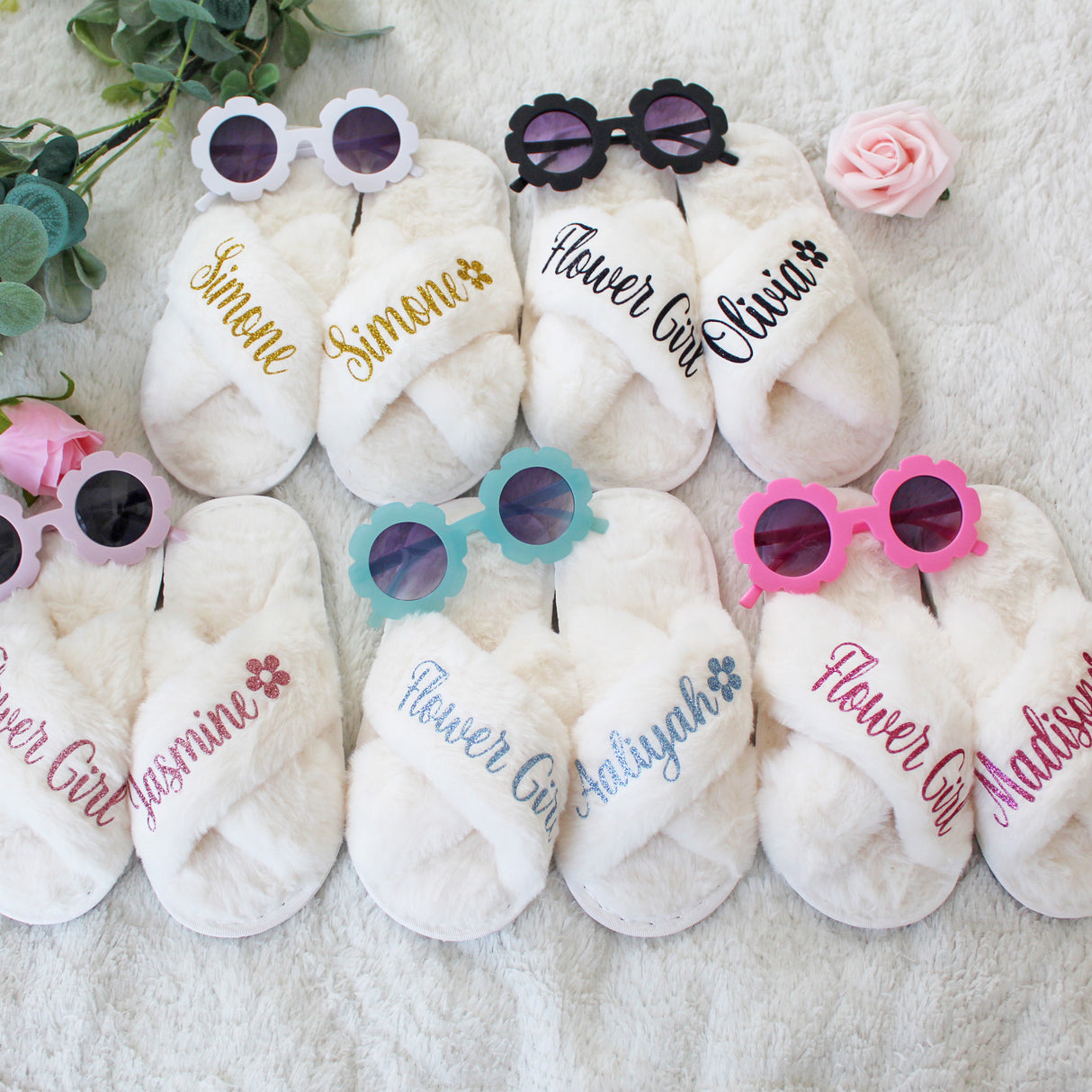 Custom slippers for flower girls, and wedding crew. Perfect matching gifts for flower girls with name.