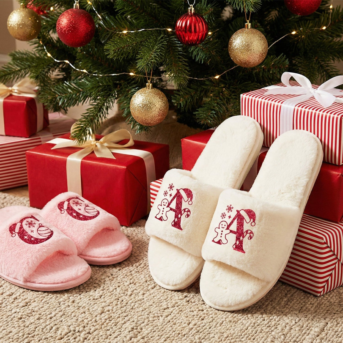 Initials Personalized Fluffy Christmas Slippers for Her - Gifts Are Blue
