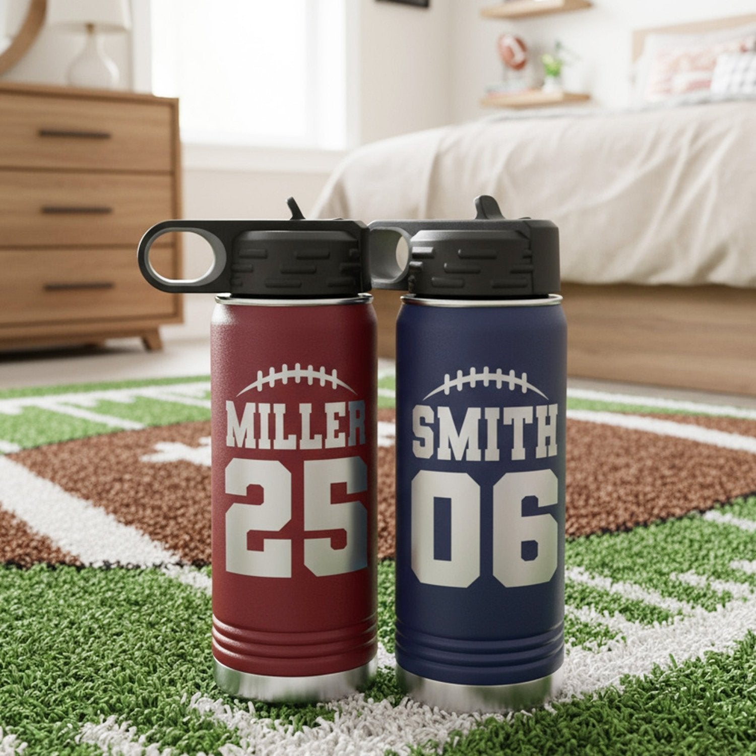 Football Number and Last Name Personalized Water Bottle for Teen Boys - Gifts Are Blue