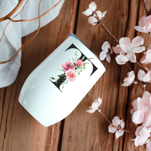 Personalized Floral Wine Tumbler with Custom Initials Name & Date