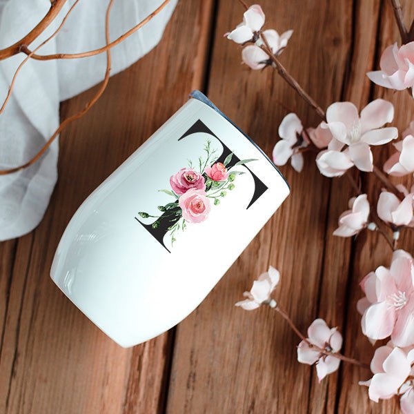 Personalized Floral Wine Tumbler with Custom Initials Name & Date - Gifts Are Blue