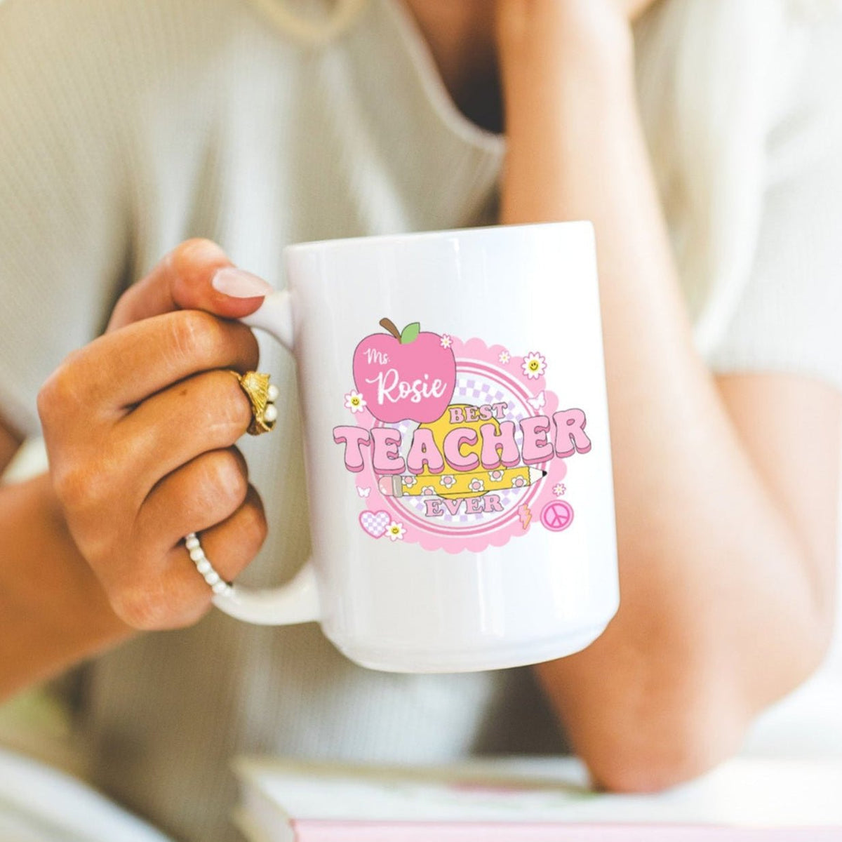 Personalized Best Teacher Ever pink mug with name, custom teacher appreciation gift for her.