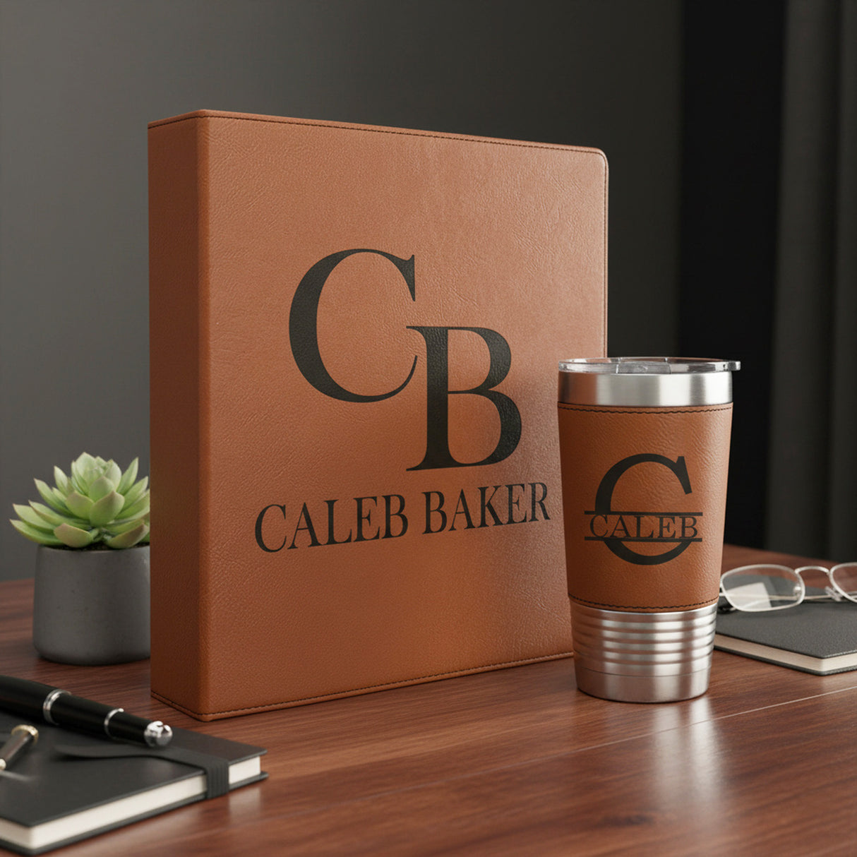 Faux Leather Personalized Binder and 20oz Tumbler Gift Set for Him