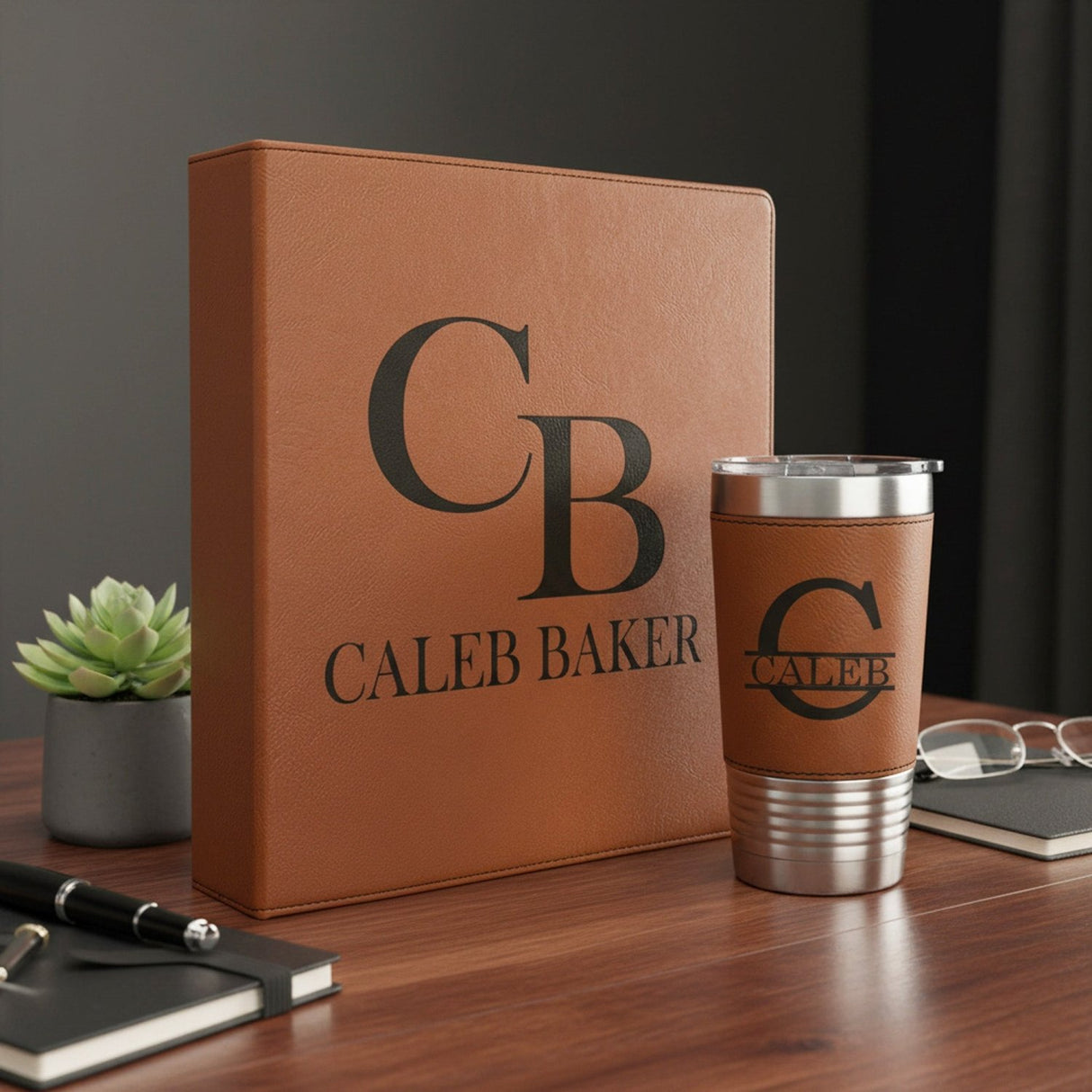 Faux Leather Personalized Binder and 20oz Tumbler Gift Set for Him - Gifts Are Blue