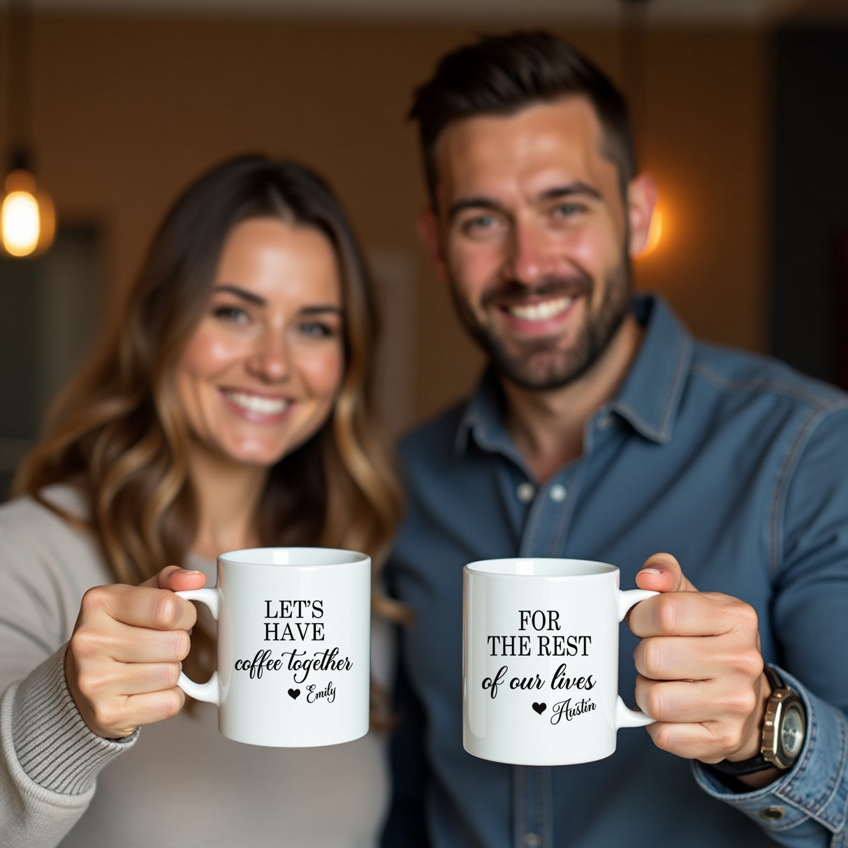 Custom matching coffee mugs for couples. Wedding and engagement mug gift ideas.