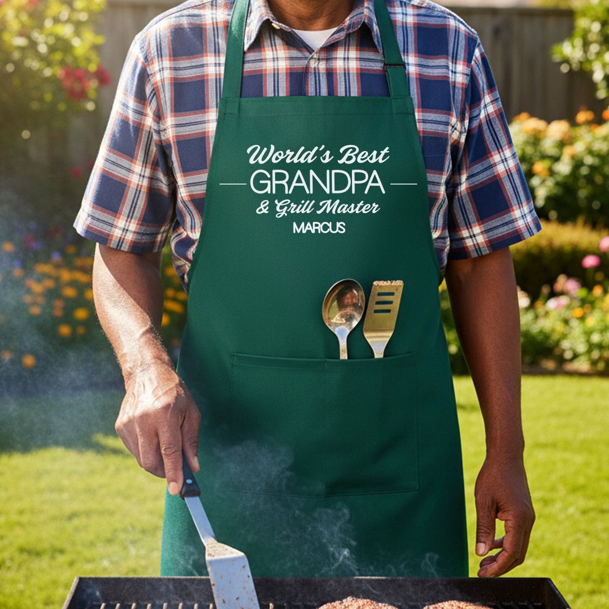World's Best Grandpa and Grill Master Personalized Apron w Pocket - Gifts Are Blue