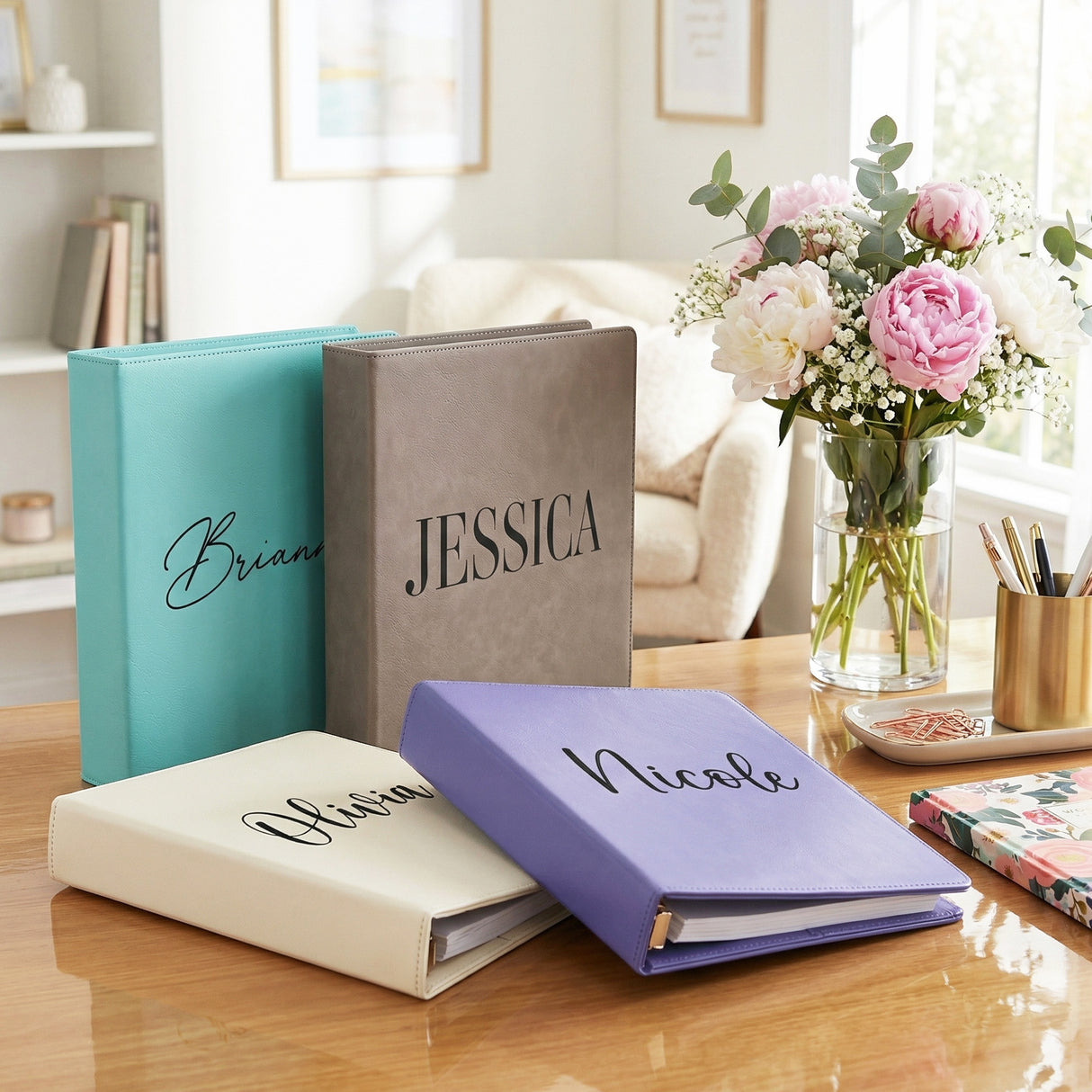 Personalized Binder w Name for Women and Teen Girls, Faux Leather