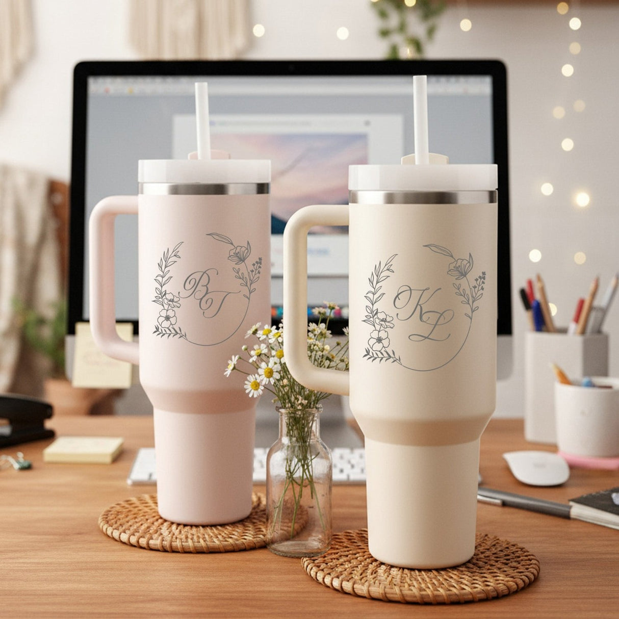 Oval Wreath with Initials 40oz Personalized Tumbler with Name - Gifts Are Blue