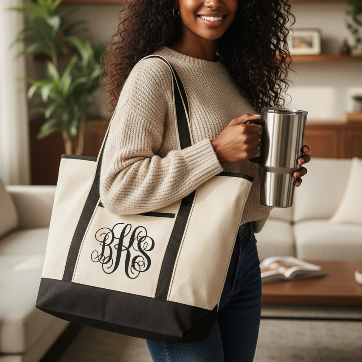 Big Monogram Personalized Tote Bag for Women and Teen Girls - Gifts Are Blue