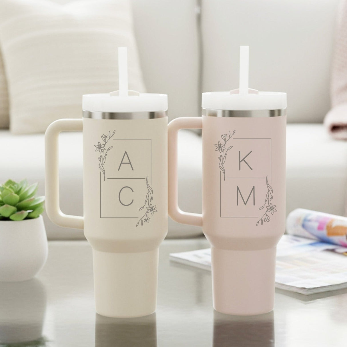 Rectangle Wreath with Initials 40oz Personalized Tumbler with Name - Gifts Are Blue
