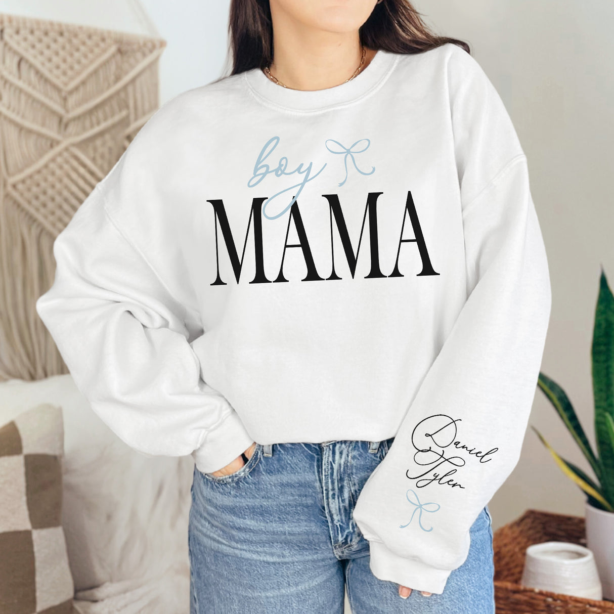 The best mother's day gift from son, for boy mom's adorable sweatshirt. Custom Boy Mama Sweatshirt with personalized kids names stylish sweatshirt for moms unique gift idea for Mother’s Day.