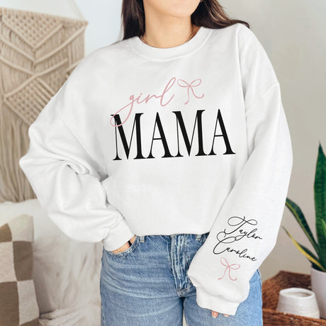 Comfortable Girl Mama Sweatshirt for moms with kids’ names. Custom crewneck for mothers day gift.