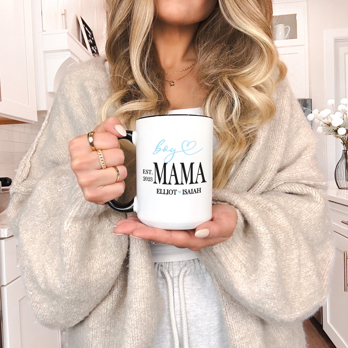Personalized Boy Mama Mug with kids names a perfect gift from a son to celebrate Mother's Day or any special occasion.