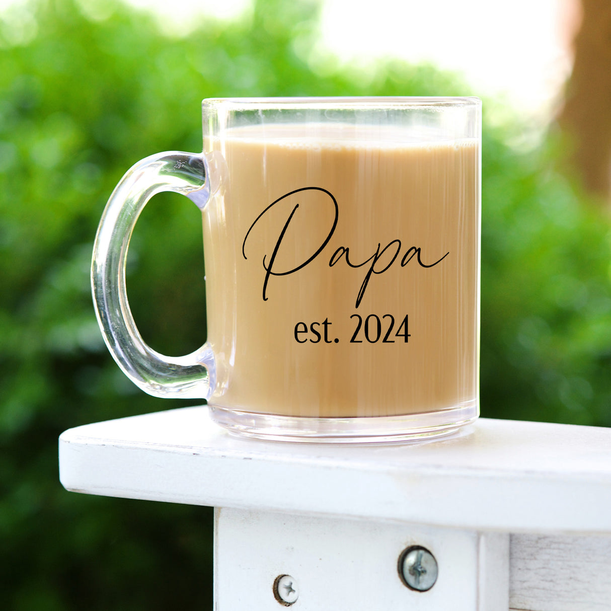 Custom clear glass mug for Papa with engraved name and established year for Father’s Day. Personalized gifts for papa.
