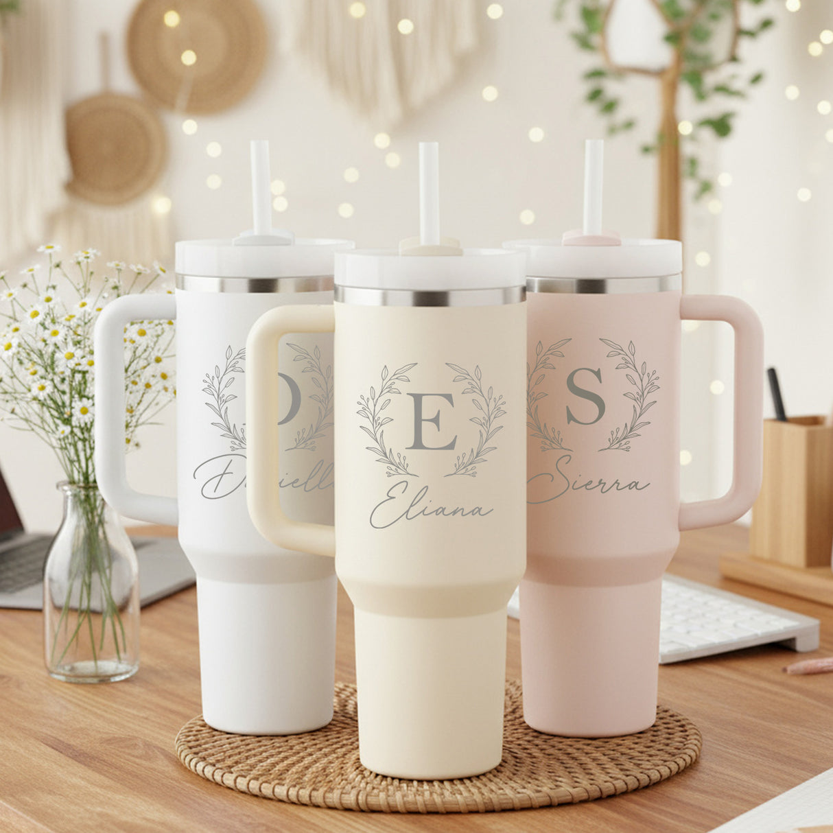 Wreath Initial and Name 40oz Personalized Tumbler with Name, Custom Gifts for Her