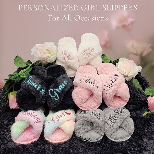 Cute and Fluffy Girls Personalized Slippers for Birthday Gifts and Dance Recitals - Gifts Are Blue